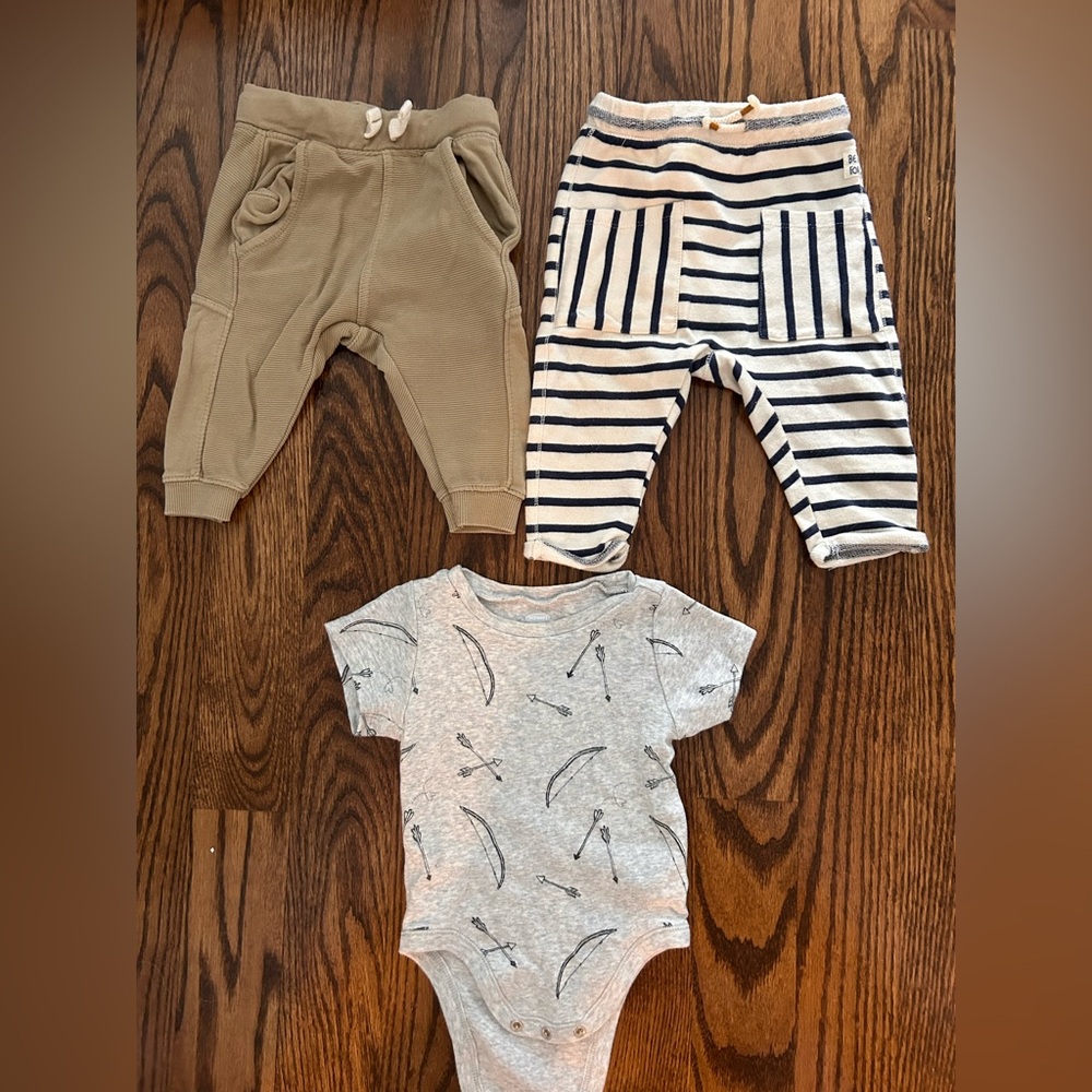 Two pairs of Zara baby joggers and Gap onesie